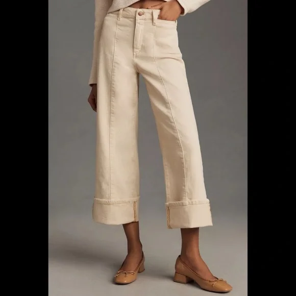 Anthropologie Pilcro Cuffed Crop High-Rise Wide-Leg Jeans Size 33 P Cream - Picture 2 of 15